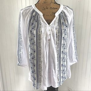 Anthro Fig & Flower Boho White Blue Top Sz S